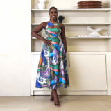 Fashion Sexy Slim Fit Hollow Printed Patchwork Sleeveless A-Line Dress