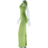 Braided Dress Slash Shoulder Sleeveless Solid Color Maxi Dress