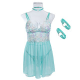 Spring Sexy Nightgown Embroidered Mesh Patchwork Chocker Sexy Four-Piece Lingerie Set