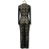 Autumn women's hollow lace pattern See-Through slim long dress