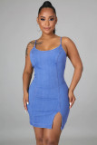 Straps Sleeveless Slit Stretch Denim Bodycon Dress
