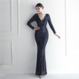 Sequin Evening Dress Women Formal Party Elegant Long-Sleeved Sequined Mermaid Evening Dress