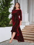 Women's Plus Size Three Quarter Sleeve Mermaid High Low Hem Long Velvet Formal dress