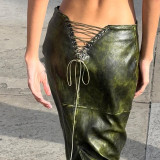 Fashionable And Sexy Back Lace-Up Hollow Slit Slim Fit Pu Leather Skirt