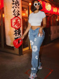 Women's Fashion Stretch Denim Fabric Flower Print Denim Trousers