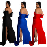 Fashion Women's Solid Color Pleated Low Back Slit Maxi Dress