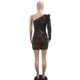Women's Fashionable Sexy Slim One Shoulder Sequined Evening Dress