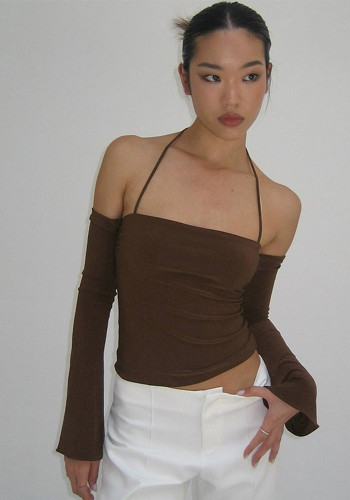 Women's Style Sexy Off Shoulder Halter Neck Low Back Half-Sleeved Top