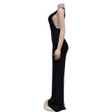 Fashion Women's Solid Color Round Neck Sleeveless Slit Maxi Dress