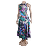 Fashion Sexy Slim Fit Hollow Printed Patchwork Sleeveless A-Line Dress