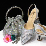 Colorful Rhinestone Bucket Handbag Paired With Pointed Toe Women's Medium Heel Shoes