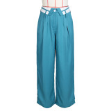 Spring Retro Women's Loose Slim Fit Turndown Collar Design Straight Wide Leg Pants