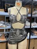 Women's Sexy Lace-Up One-Piece Bodycon Bodysuit  Skirt Two Piece Set