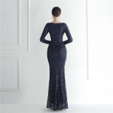 Sequin Evening Dress Women Formal Party Elegant Long-Sleeved Sequined Mermaid Evening Dress