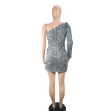 Women's Fashionable Sexy Slim One Shoulder Sequined Evening Dress