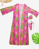 Women's Print Halter Two Pieces Bikini Long Sleeve Cover-Up Three-Piece Lace-Up Swimsuit