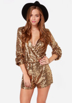 Women's Deep V Slim Waist Long Sleeve Sexy Fashion Sequin Jumpsuit