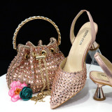 Colorful Rhinestone Bucket Handbag Paired With Pointed Toe Women's Medium Heel Shoes