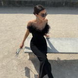 Strapless Bandage Dress Feather Stylish and Elegant Tight Fitting Bodycon Sleeveless Formal Party Dress