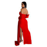 Fashion Women's Solid Color Pleated Low Back Slit Maxi Dress