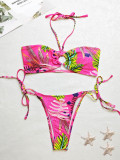 Women's Print Halter Two Pieces Bikini Long Sleeve Cover-Up Three-Piece Lace-Up Swimsuit