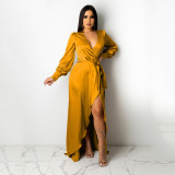 Women's Fashionable And Sexy V-Neck Solid Color Satin Lace-Up Irregular Long Dress