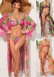 Women's Print Halter Two Pieces Bikini Long Sleeve Cover-Up Three-Piece Lace-Up Swimsuit