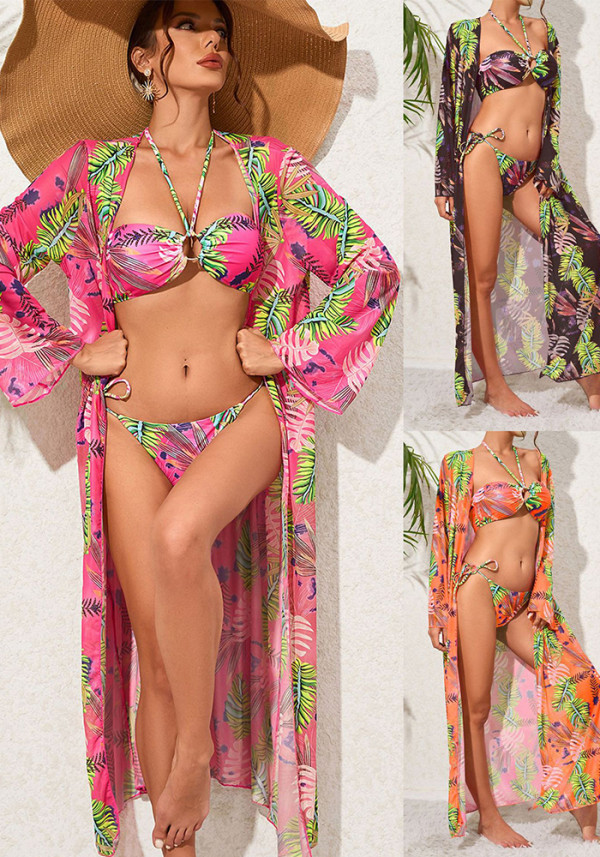 Women's Print Halter Two Pieces Bikini Long Sleeve Cover-Up Three-Piece Lace-Up Swimsuit