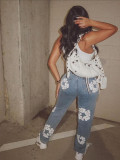 Women's Fashion Stretch Denim Fabric Flower Print Denim Trousers