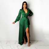 Women's Fashionable And Sexy V-Neck Solid Color Satin Lace-Up Irregular Long Dress