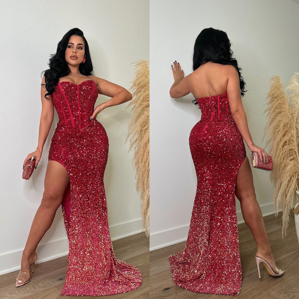Fashionable Women's Solid Color Sequin Sleeveless Low Back Long Dress（customized,MOQ 6pcs/size/color,process time 7-10 days）