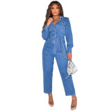 Women's Fashion Casual Sexy Pocket Belt Wide Leg Denim Jumpsuit
