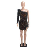 Women's Fashionable Sexy Slim One Shoulder Sequined Evening Dress