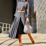 Women Autumn Belt Pleated Dress