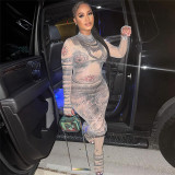 Women mesh printed high-waisted Bell Bottom jumpsuit