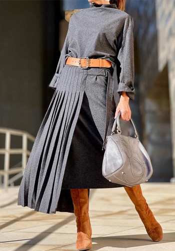 Women Autumn Belt Pleated Dress