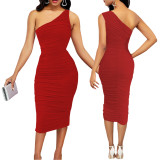 Women Sexy Solid One Shoulder Dress