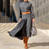 Women Autumn Belt Pleated Dress