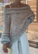 Women Solid Sequins Off Shoulder Loose Sweater