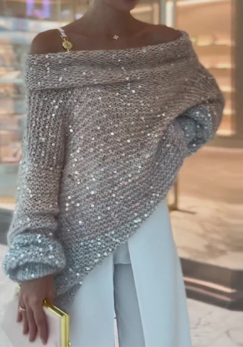 Women Solid Sequins Off Shoulder Loose Sweater