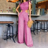Women Summer Round Neck Ruffled Loose Jumpsuit