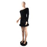 Fall/Winter Slash Shoulder Long Sleeve Sequin Feather Bodycon Party Dress