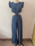 Women Summer Round Neck Ruffled Loose Jumpsuit