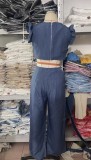 Women Summer Round Neck Ruffled Loose Jumpsuit