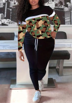 Women Leopard Patchwork High Collar Loose Sports Long Sleeve Top and Pants Two-piece Set