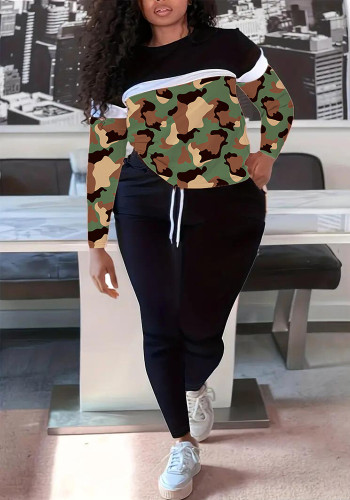 Women Leopard Patchwork High Collar Loose Sports Long Sleeve Top and Pants Two-piece Set