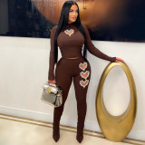 Women's Heart-Shaped Beaded Solid Color Two Piece Pants Set