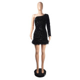 Fall/Winter Slash Shoulder Long Sleeve Sequin Feather Bodycon Party Dress