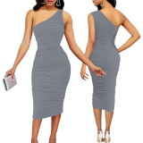 Women Sexy Solid One Shoulder Dress