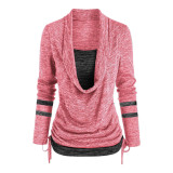 Women Leopard Patchwork Long Sleeve Loose Pleated Top